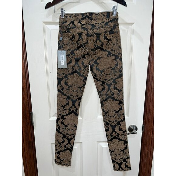 7 For All Mankind Metallic Gold & Black Damask Skinny Jeans Size 25 Acrylic Blen - Picture 8 of 11